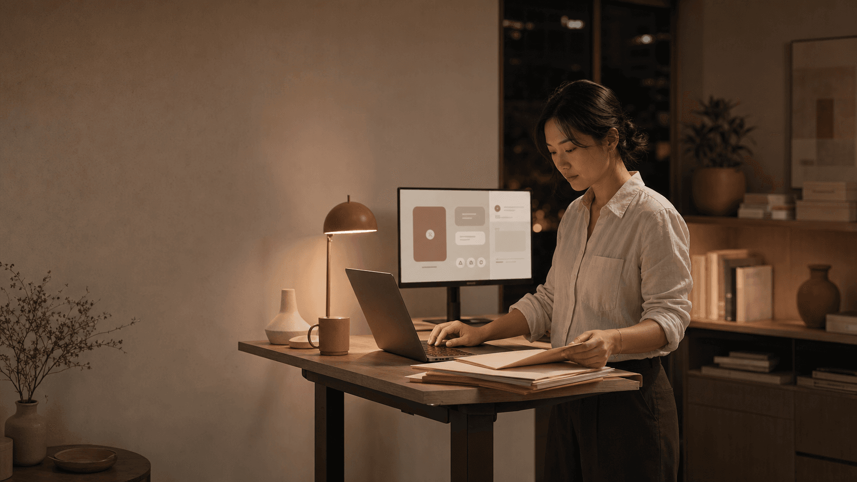 An Asian professional working from a home office
